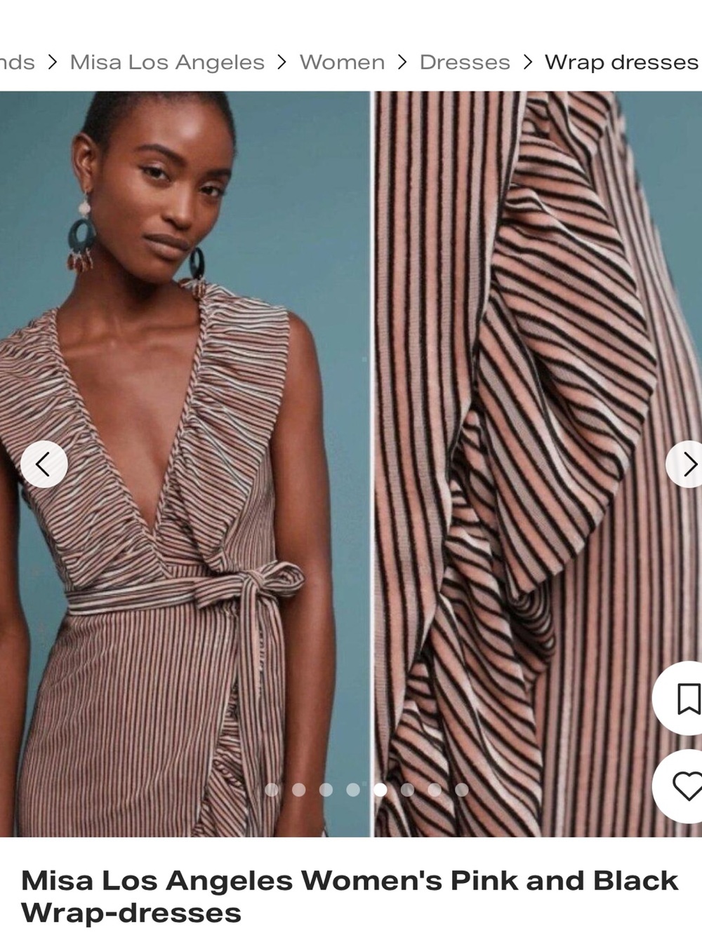 Misa Los Angeles Pink and Black Striped Ruffle Wrap Midi Dress